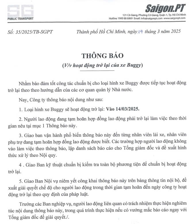 Thông báo Buggy hoạt động lại từ ngày 14 tháng 03 năm 2025